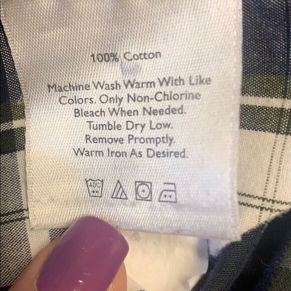 Eddie Bauer| long sleeve button down M plaid ,cream,green,blue, - Picture 4 of 5